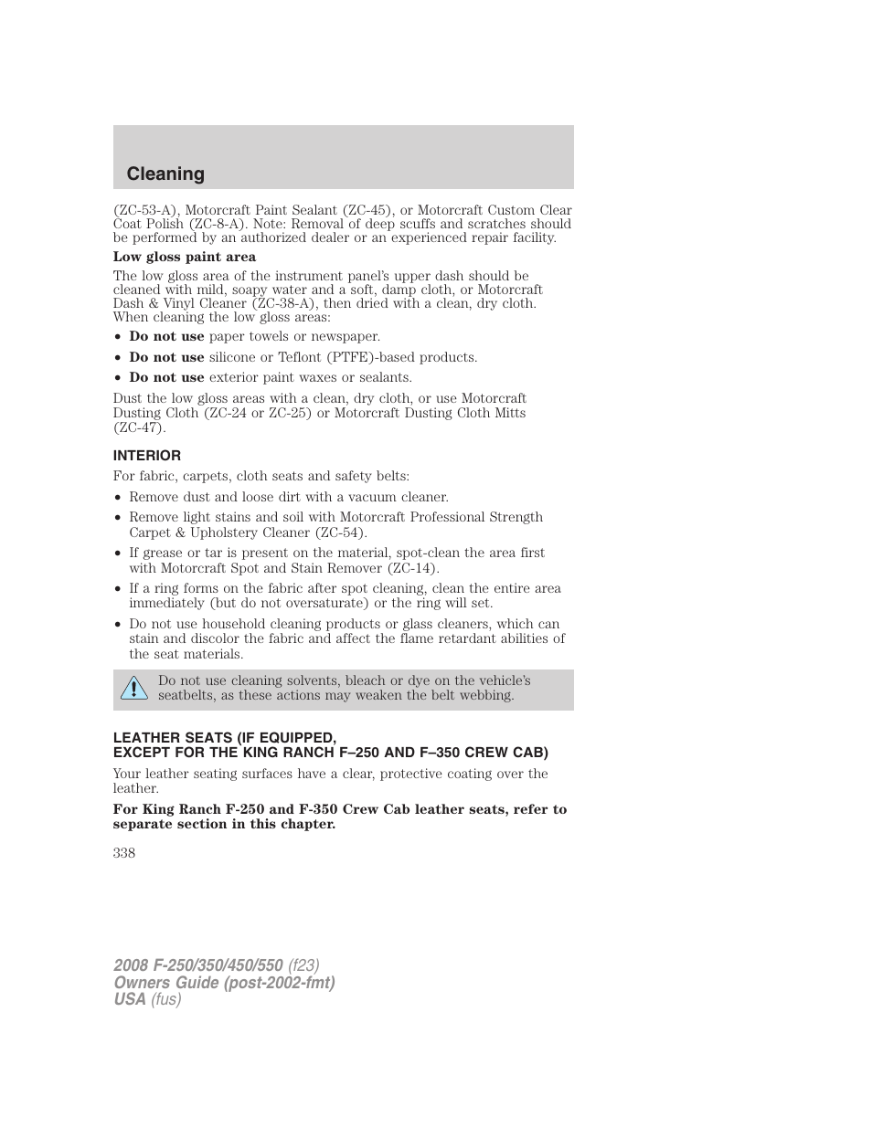 Interior, Cleaning | FORD 2008 F-550 v.3 User Manual | Page 338 / 392