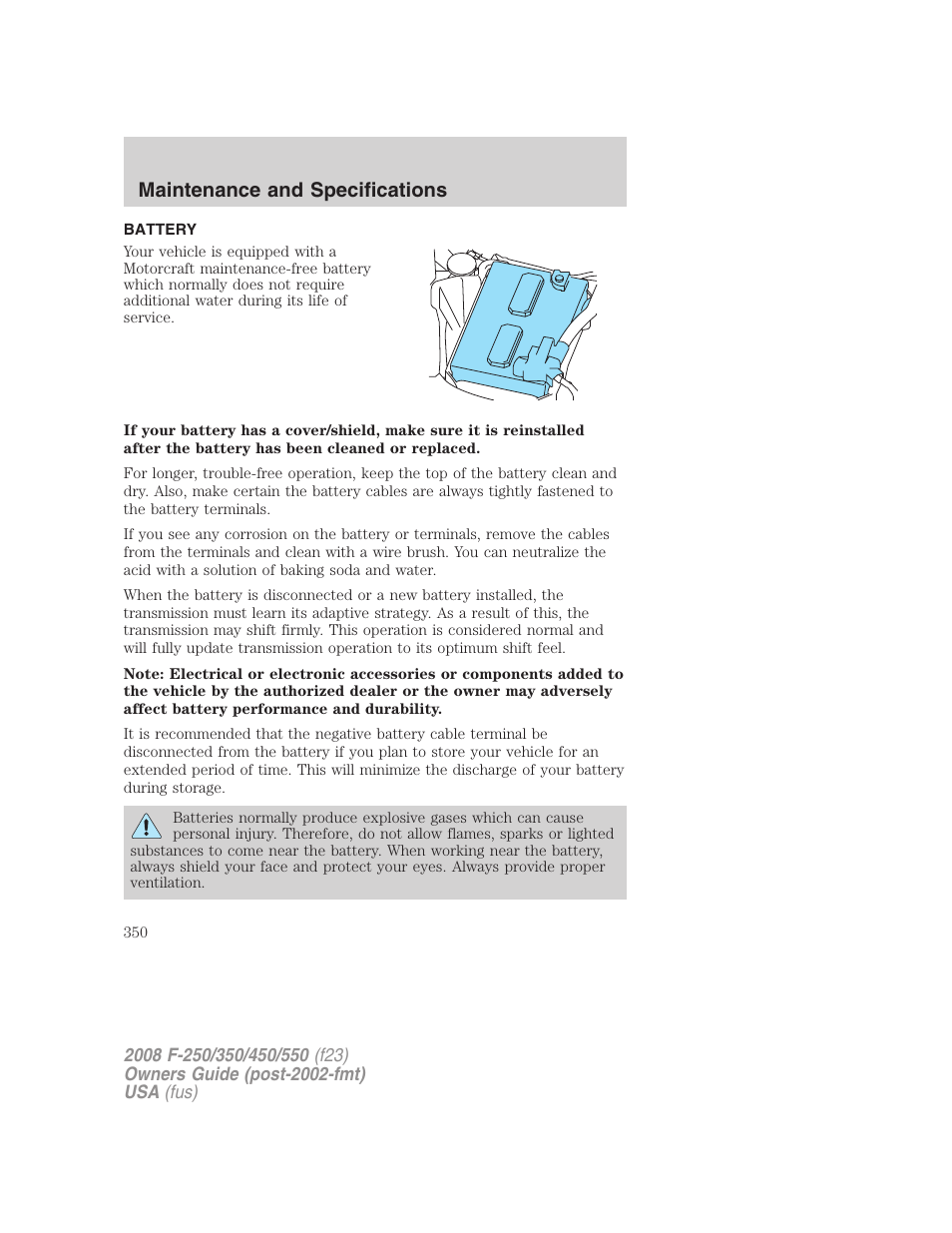 Battery, Maintenance and specifications | FORD 2008 F-550 v.3 User Manual | Page 350 / 392