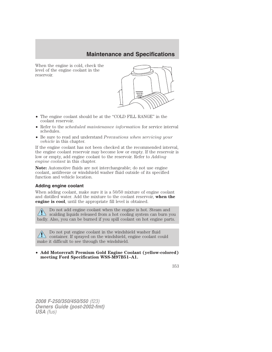 Adding engine coolant, Maintenance and specifications | FORD 2008 F-550 v.3 User Manual | Page 353 / 392