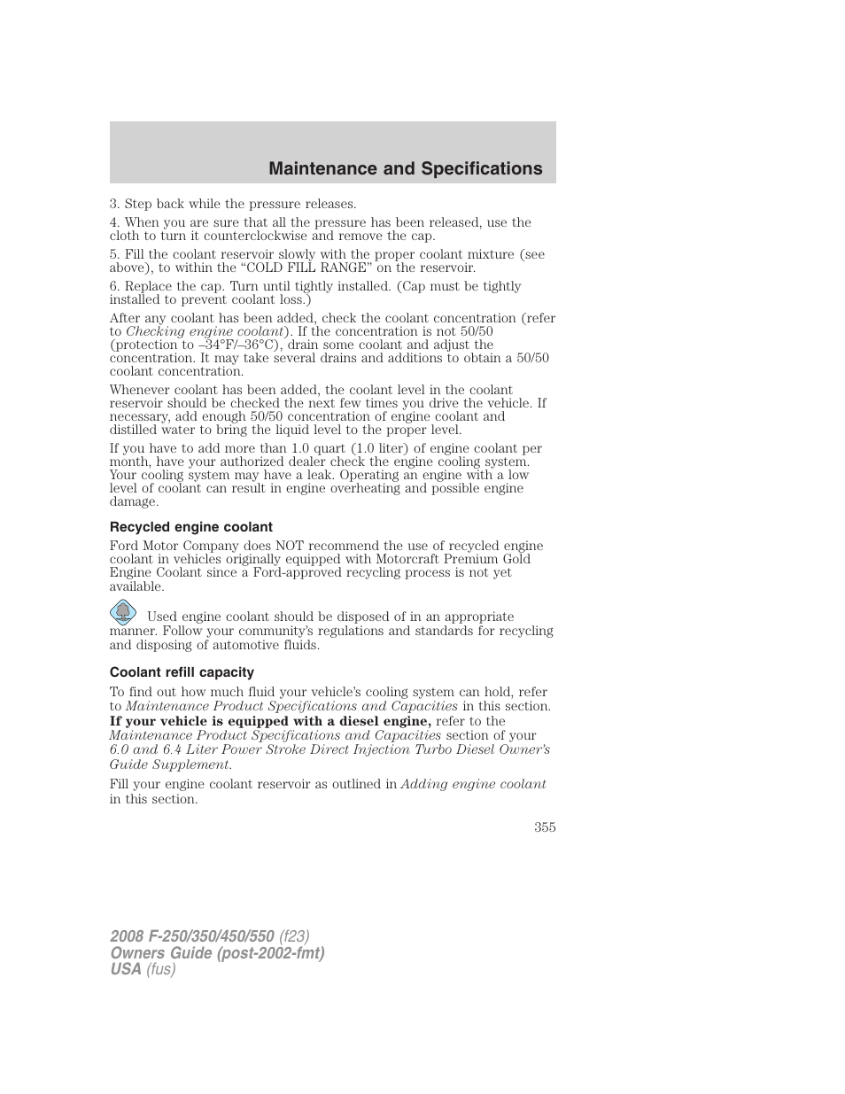 Recycled engine coolant, Coolant refill capacity, Maintenance and specifications | FORD 2008 F-550 v.3 User Manual | Page 355 / 392