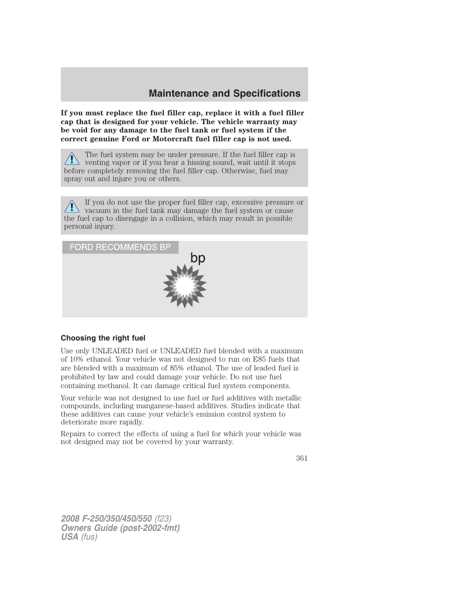 Choosing the right fuel, Maintenance and specifications | FORD 2008 F-550 v.3 User Manual | Page 361 / 392