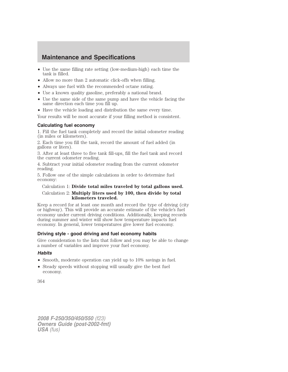Calculating fuel economy, Habits, Maintenance and specifications | FORD 2008 F-550 v.3 User Manual | Page 364 / 392