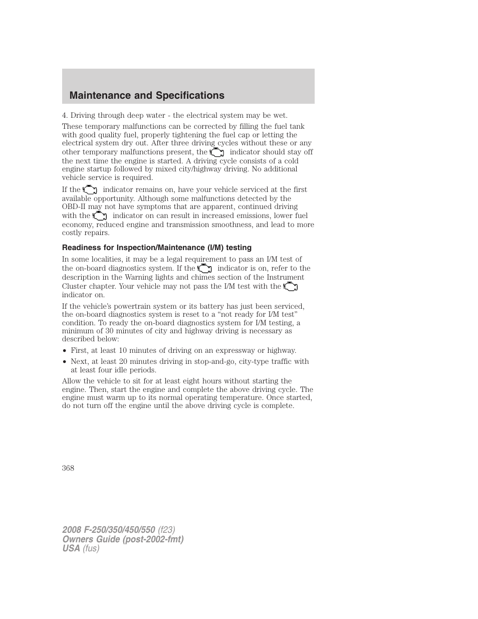 Readiness for inspection/maintenance (i/m) testing, Maintenance and specifications | FORD 2008 F-550 v.3 User Manual | Page 368 / 392