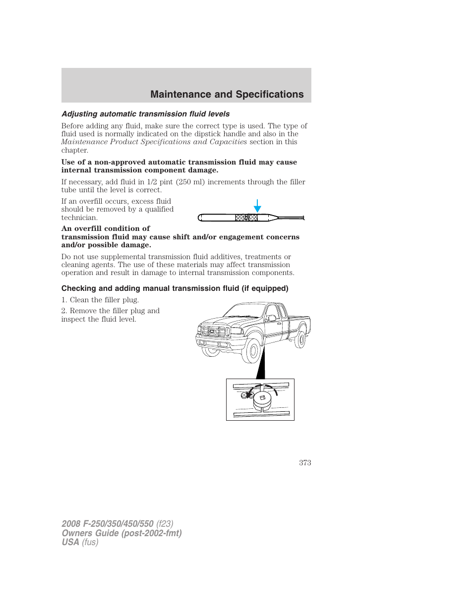 Adjusting automatic transmission fluid levels, Maintenance and specifications | FORD 2008 F-550 v.3 User Manual | Page 373 / 392