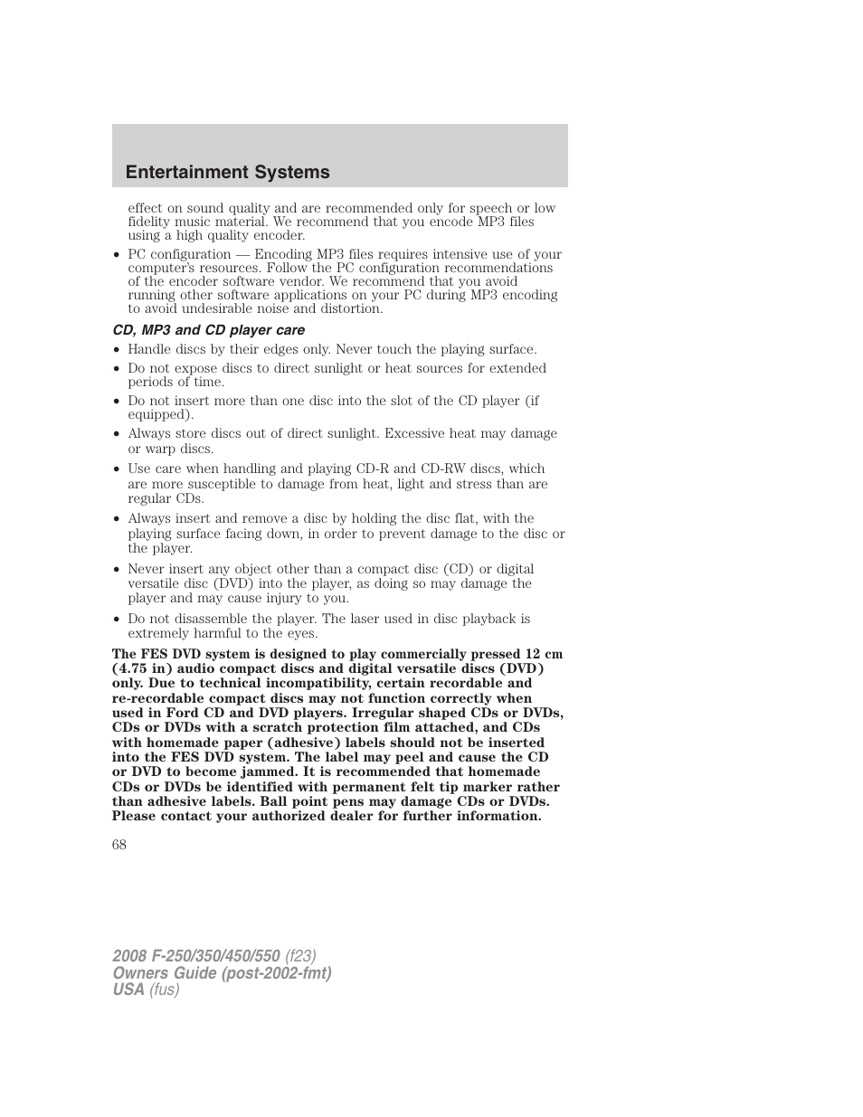 Cd, mp3 and cd player care, Entertainment systems | FORD 2008 F-550 v.3 User Manual | Page 68 / 392