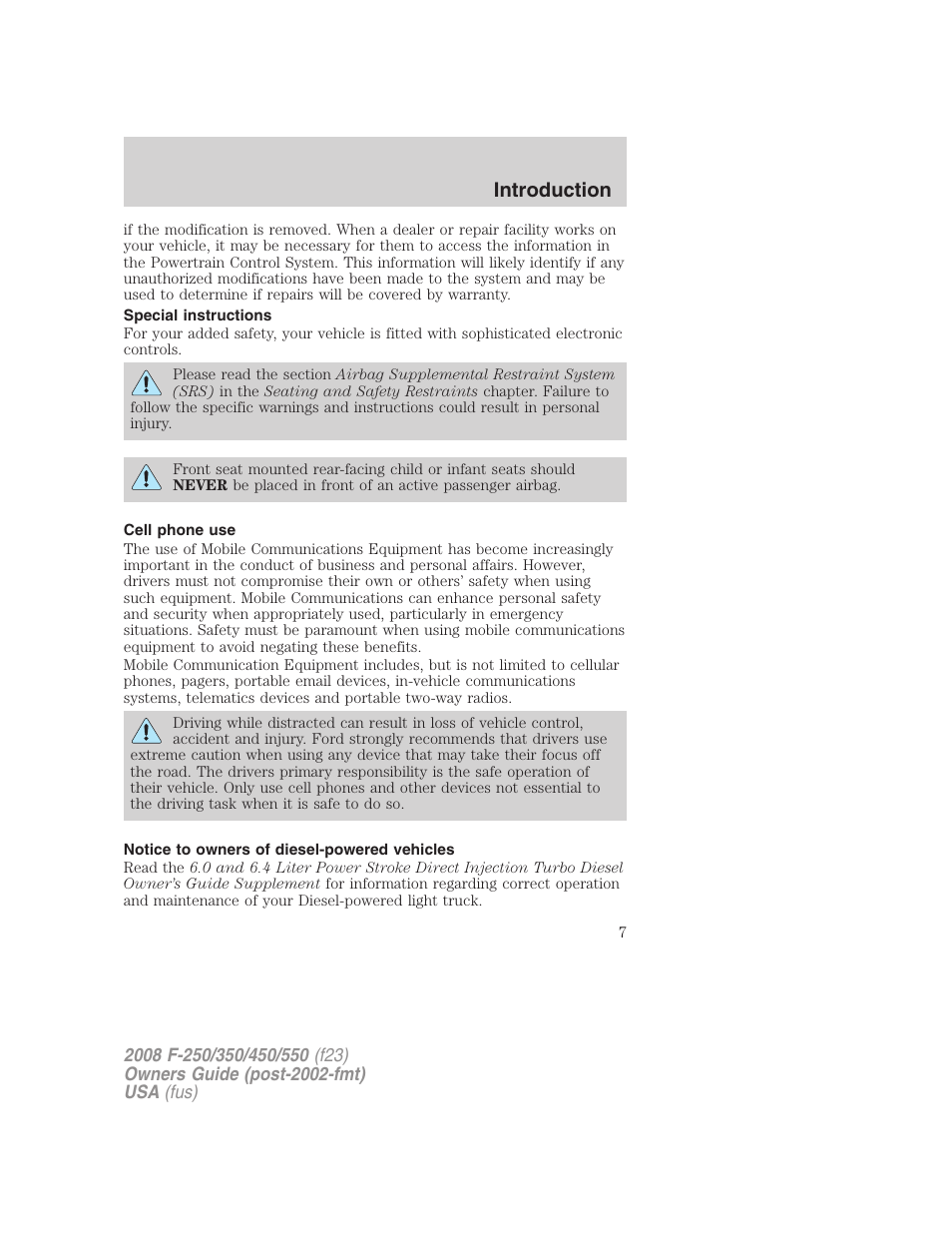 Special instructions, Cell phone use, Notice to owners of diesel-powered vehicles | Introduction | FORD 2008 F-550 v.3 User Manual | Page 7 / 392