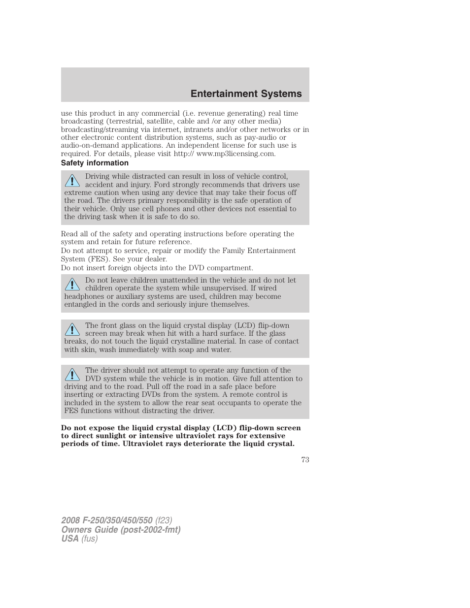 Safety information, Entertainment systems | FORD 2008 F-550 v.3 User Manual | Page 73 / 392