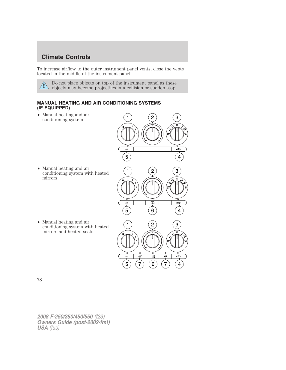 Manual heating and air conditioning, Climate controls | FORD 2008 F-550 v.3 User Manual | Page 78 / 392