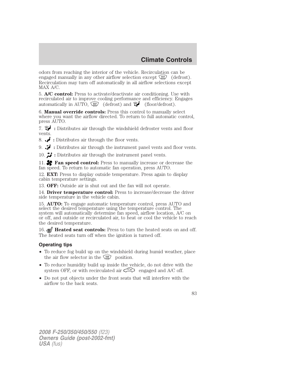 Operating tips, Climate controls | FORD 2008 F-550 v.3 User Manual | Page 83 / 392