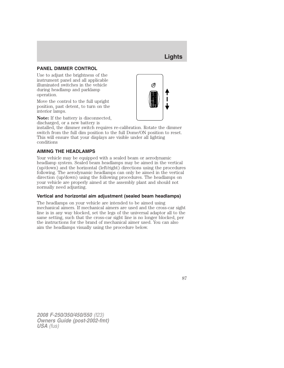 Panel dimmer control, Aiming the headlamps, Lights | FORD 2008 F-550 v.3 User Manual | Page 87 / 392