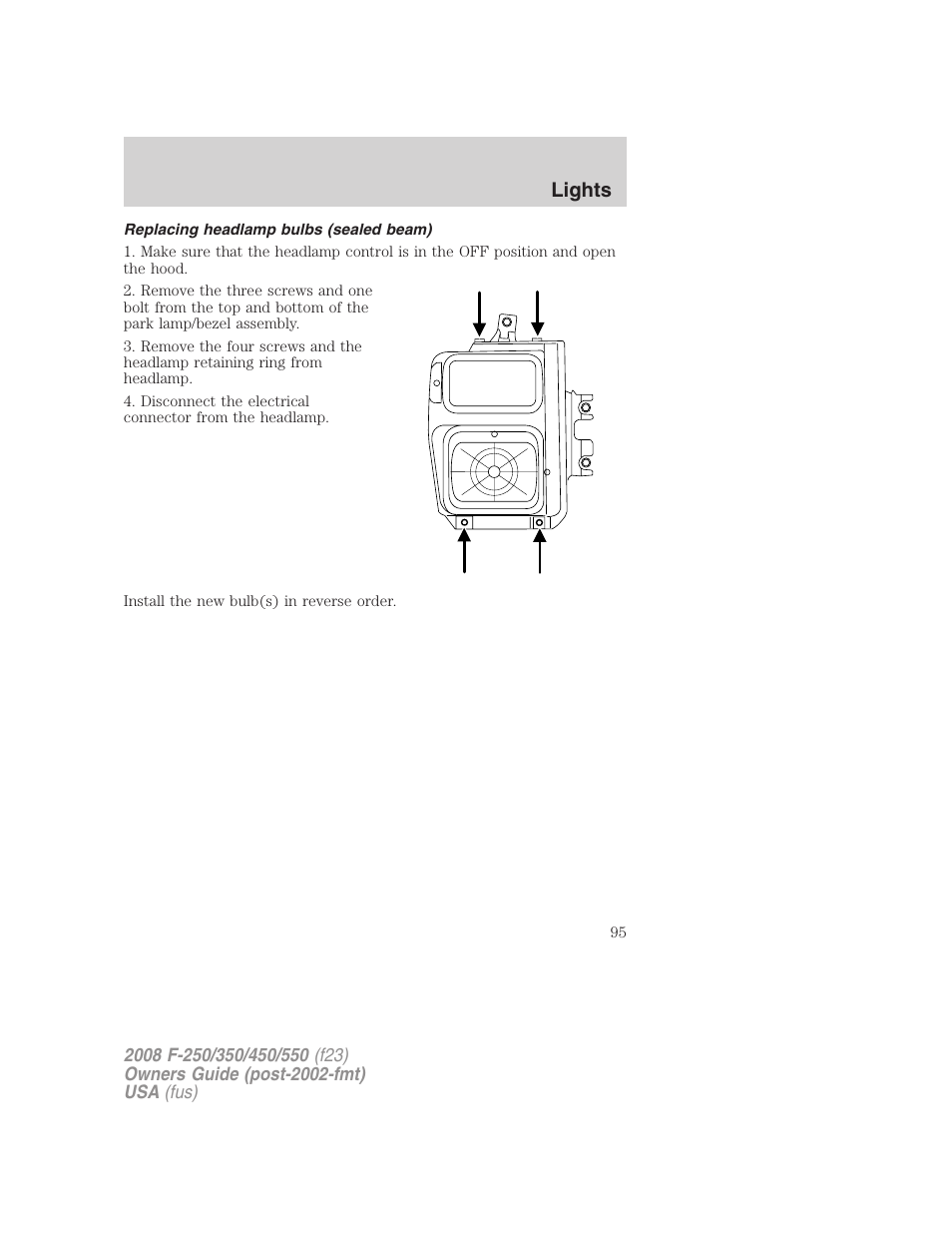 Replacing headlamp bulbs (sealed beam), Lights | FORD 2008 F-550 v.3 User Manual | Page 95 / 392