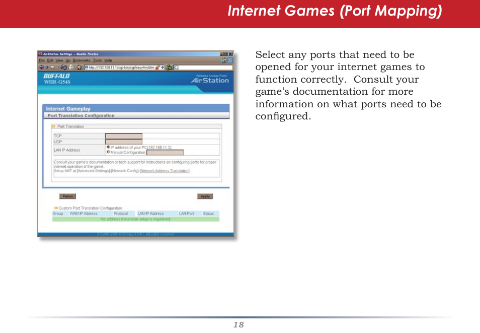 Internet games (port mapping) | Buffalo Technology WHR-G54S User Manual | Page 18 / 93
