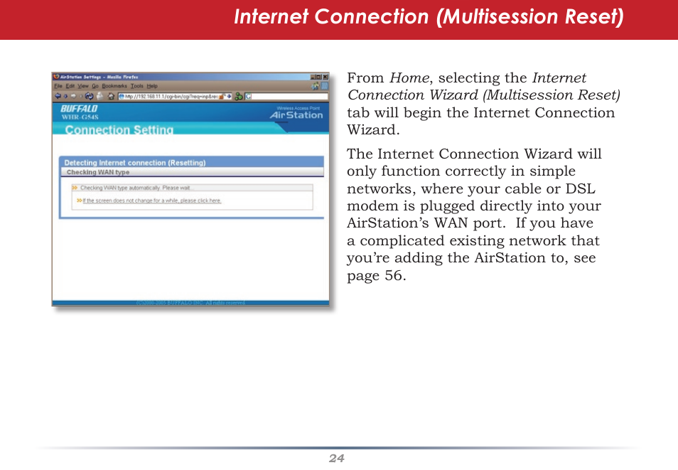 Internet connection (multisession reset) | Buffalo Technology WHR-G54S User Manual | Page 24 / 93