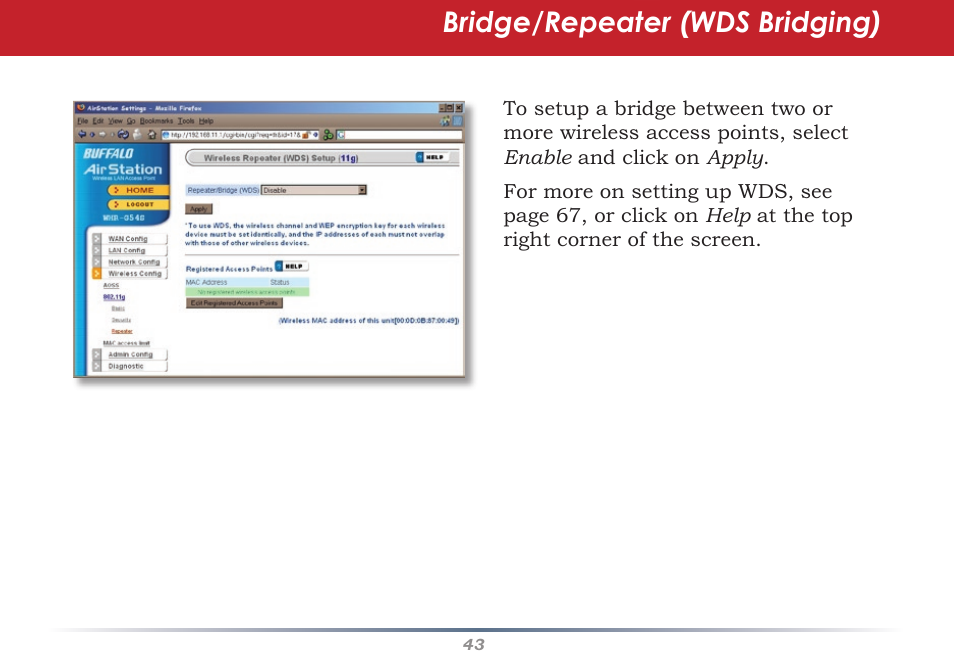 Bridge/repeater (wds bridging) | Buffalo Technology WHR-G54S User Manual | Page 43 / 93