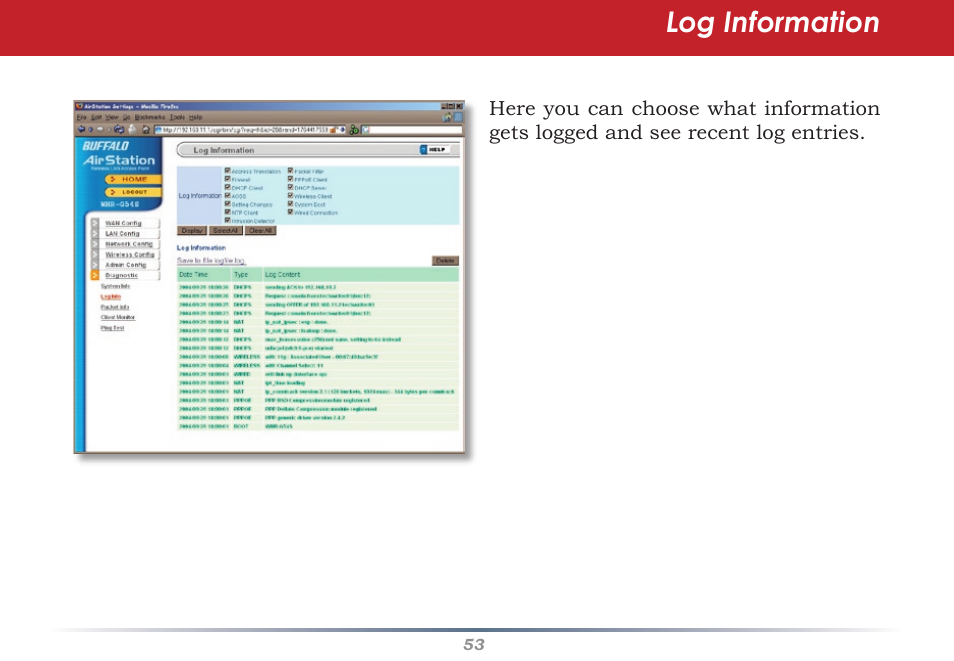 Log information | Buffalo Technology WHR-G54S User Manual | Page 53 / 93