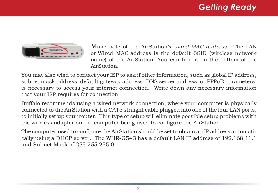 Getting ready | Buffalo Technology WHR-G54S User Manual | Page 7 / 93