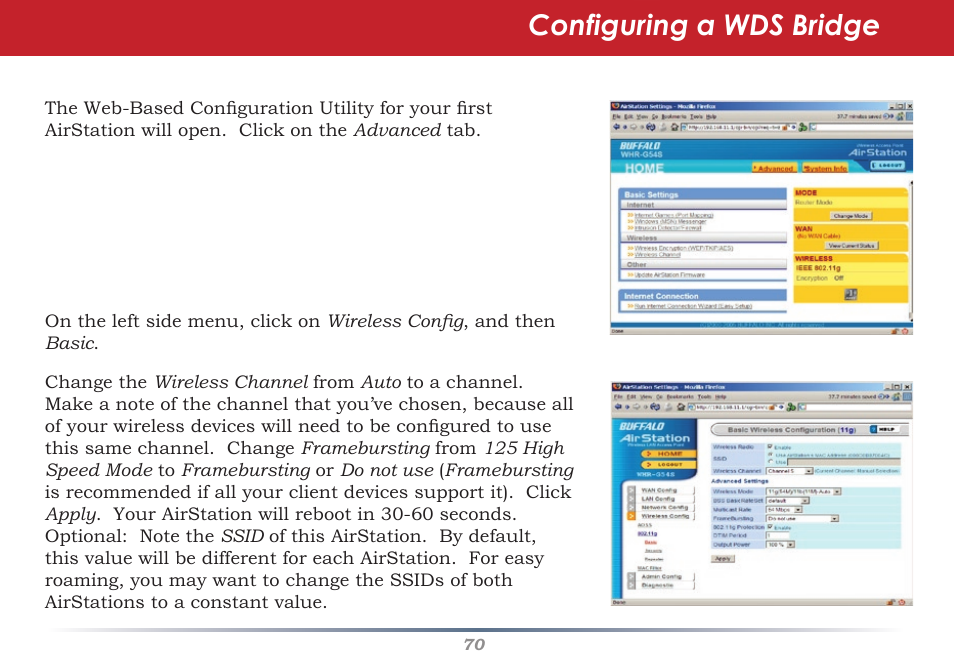 Configuring a wds bridge | Buffalo Technology WHR-G54S User Manual | Page 70 / 93