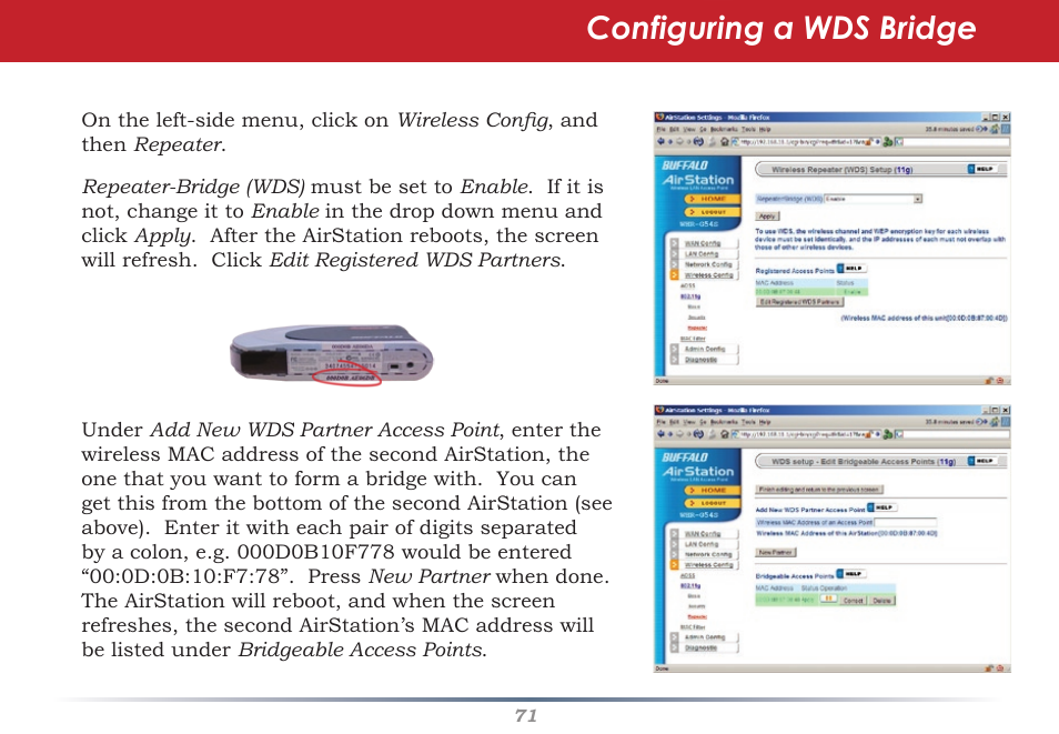 Configuring a wds bridge | Buffalo Technology WHR-G54S User Manual | Page 71 / 93