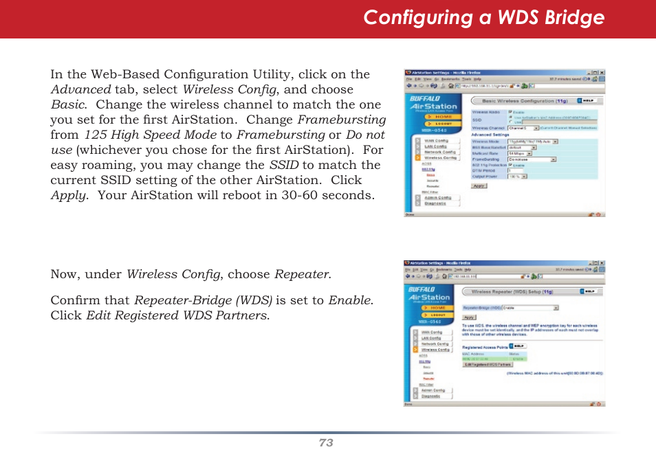 Configuring a wds bridge | Buffalo Technology WHR-G54S User Manual | Page 73 / 93