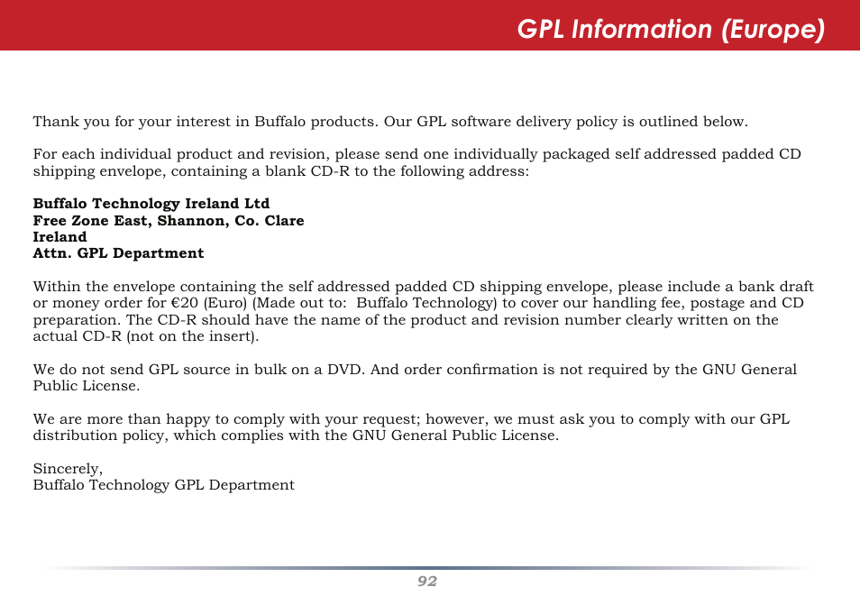 Gpl information (europe) | Buffalo Technology WHR-G54S User Manual | Page 92 / 93