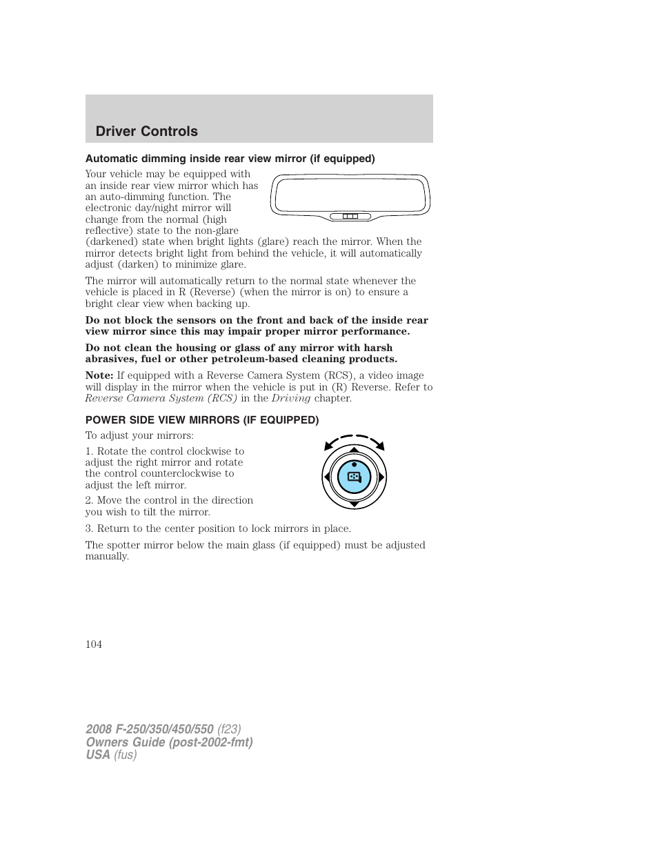 Power side view mirrors (if equipped), Driver controls | FORD 2008 F-550 v.4 User Manual | Page 104 / 400