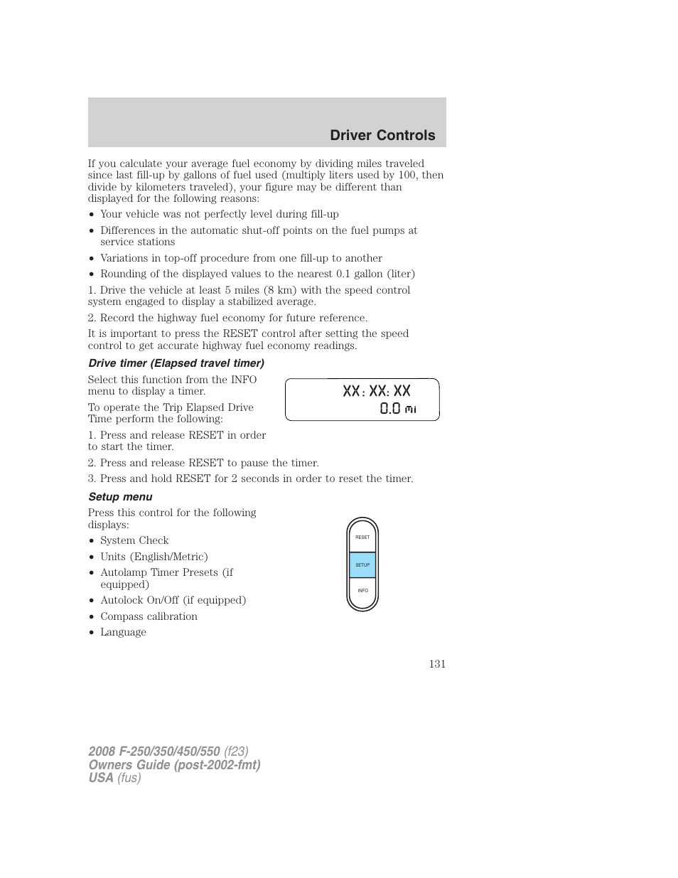 Drive timer (elapsed travel timer), Setup menu, Driver controls | FORD 2008 F-550 v.4 User Manual | Page 131 / 400