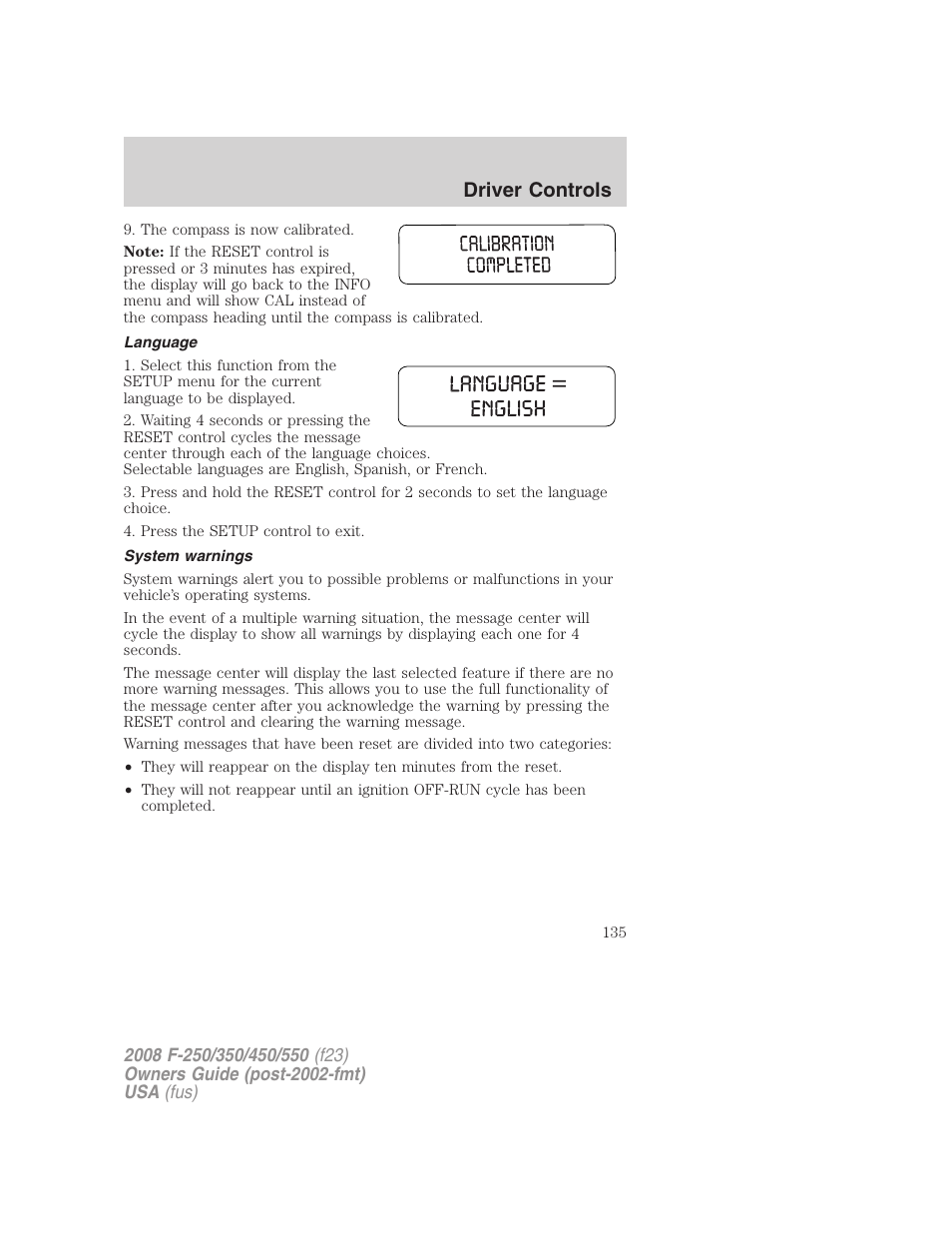 Language, System warnings, Driver controls | FORD 2008 F-550 v.4 User Manual | Page 135 / 400