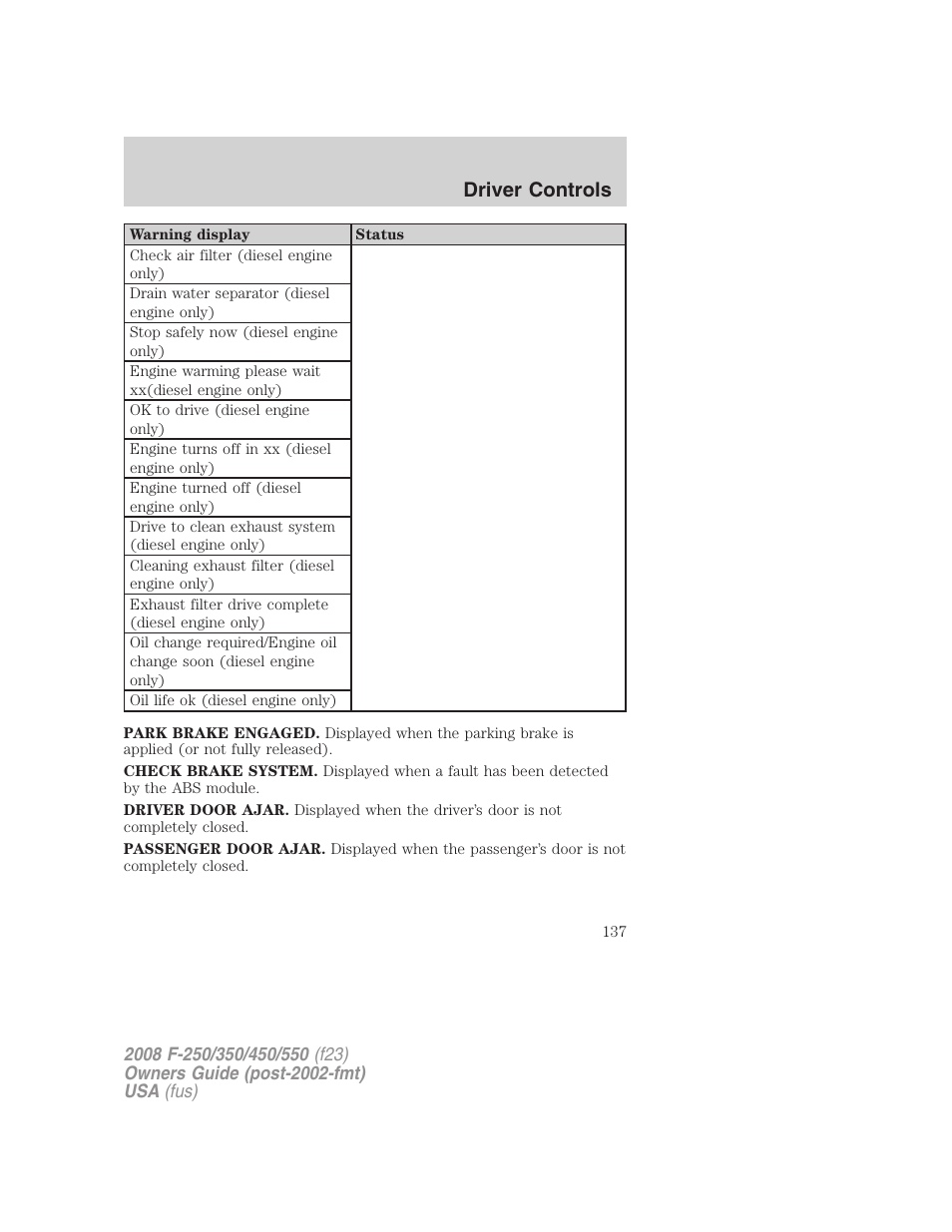 Driver controls | FORD 2008 F-550 v.4 User Manual | Page 137 / 400