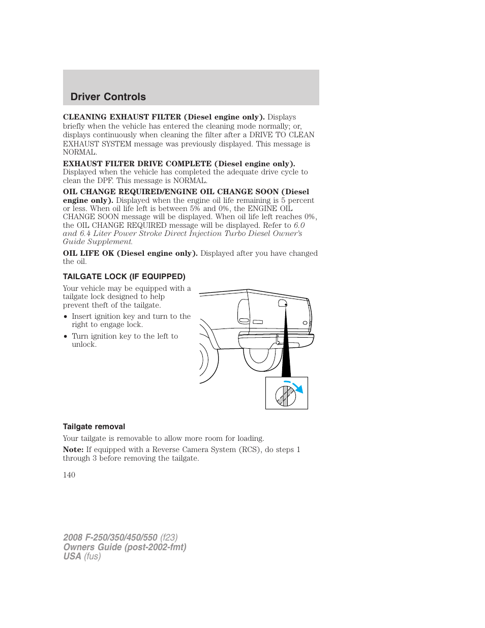 Tailgate lock (if equipped), Tailgate removal, Tailgate | Driver controls | FORD 2008 F-550 v.4 User Manual | Page 140 / 400