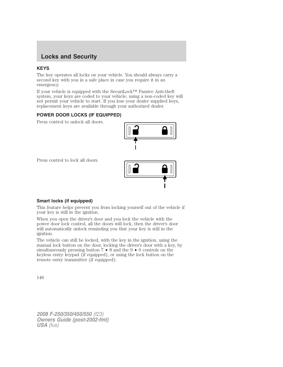 Locks and security, Keys, Power door locks (if equipped) | Smart locks (if equipped), Locks | FORD 2008 F-550 v.4 User Manual | Page 146 / 400