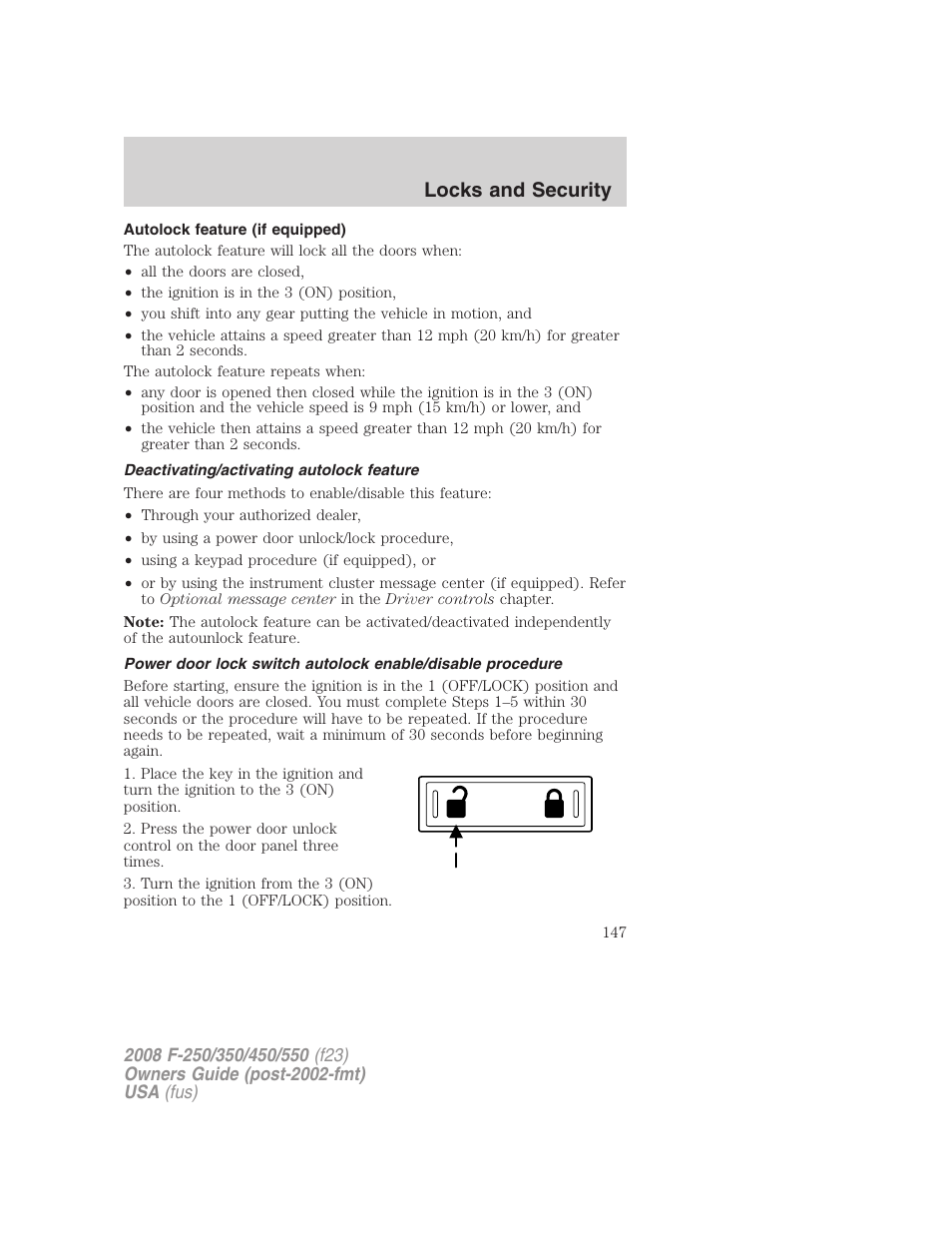 Autolock feature (if equipped), Deactivating/activating autolock feature, Locks and security | FORD 2008 F-550 v.4 User Manual | Page 147 / 400