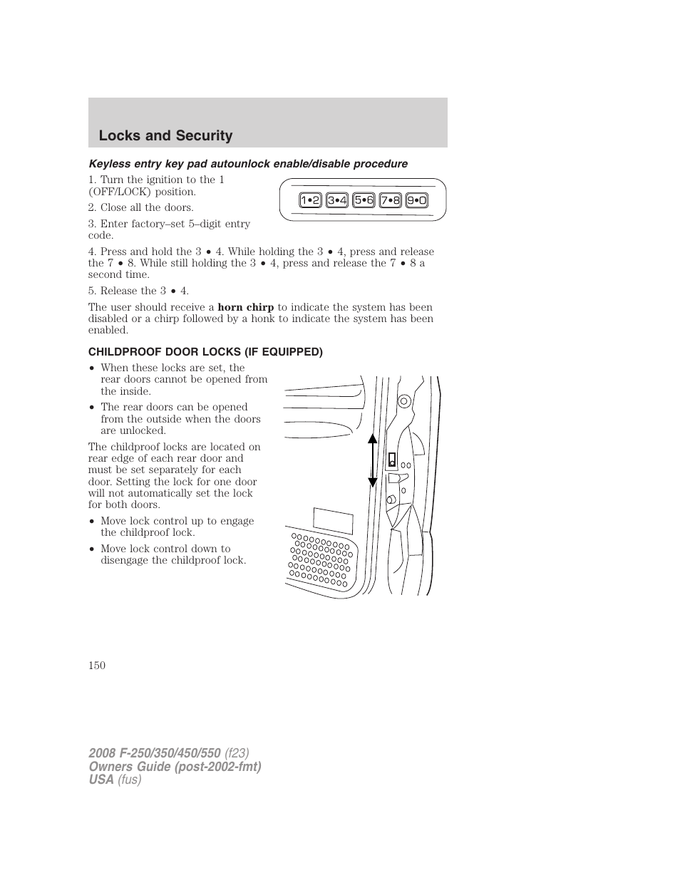 Childproof door locks (if equipped), Locks and security | FORD 2008 F-550 v.4 User Manual | Page 150 / 400