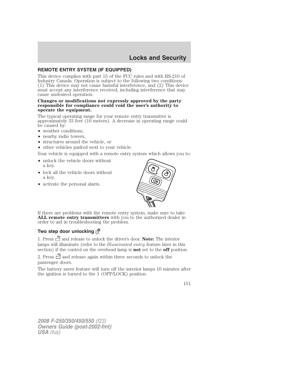 Remote entry system (if equipped), Two step door unlocking, Locks and security | FORD 2008 F-550 v.4 User Manual | Page 151 / 400