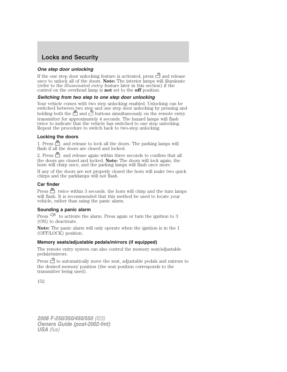 One step door unlocking, Switching from two step to one step door unlocking, Locking the doors | Car finder, Sounding a panic alarm, Locks and security | FORD 2008 F-550 v.4 User Manual | Page 152 / 400