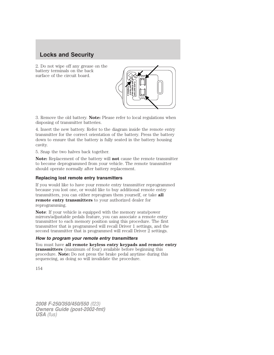 Replacing lost remote entry transmitters, How to program your remote entry transmitters, Locks and security | FORD 2008 F-550 v.4 User Manual | Page 154 / 400
