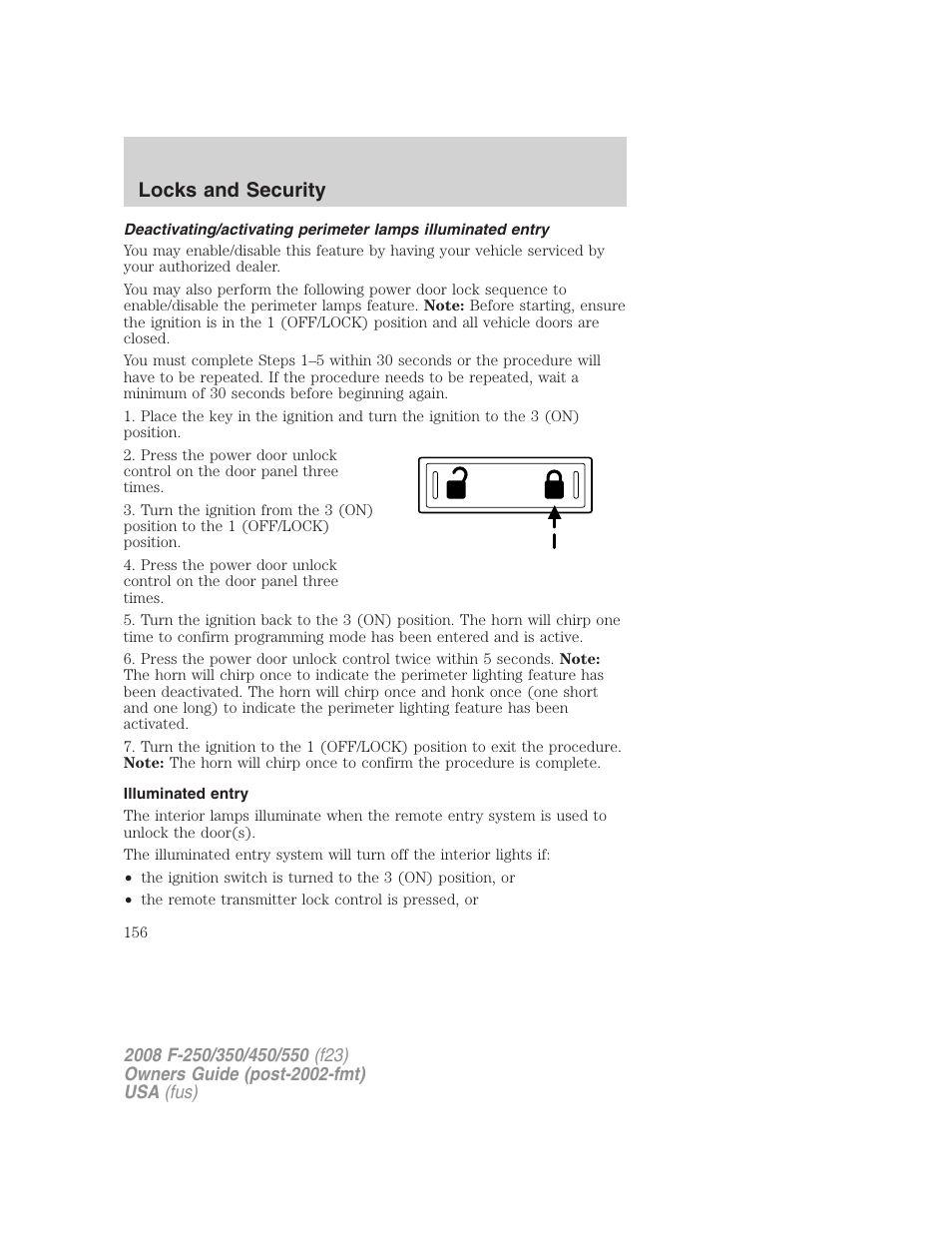 Illuminated entry, Locks and security | FORD 2008 F-550 v.4 User Manual | Page 156 / 400