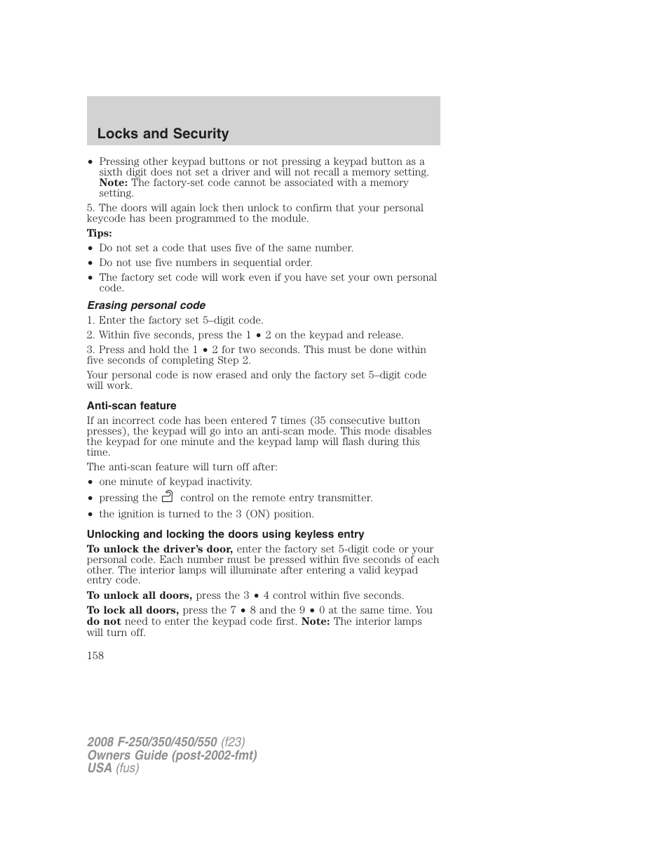 Erasing personal code, Anti-scan feature, Locks and security | FORD 2008 F-550 v.4 User Manual | Page 158 / 400