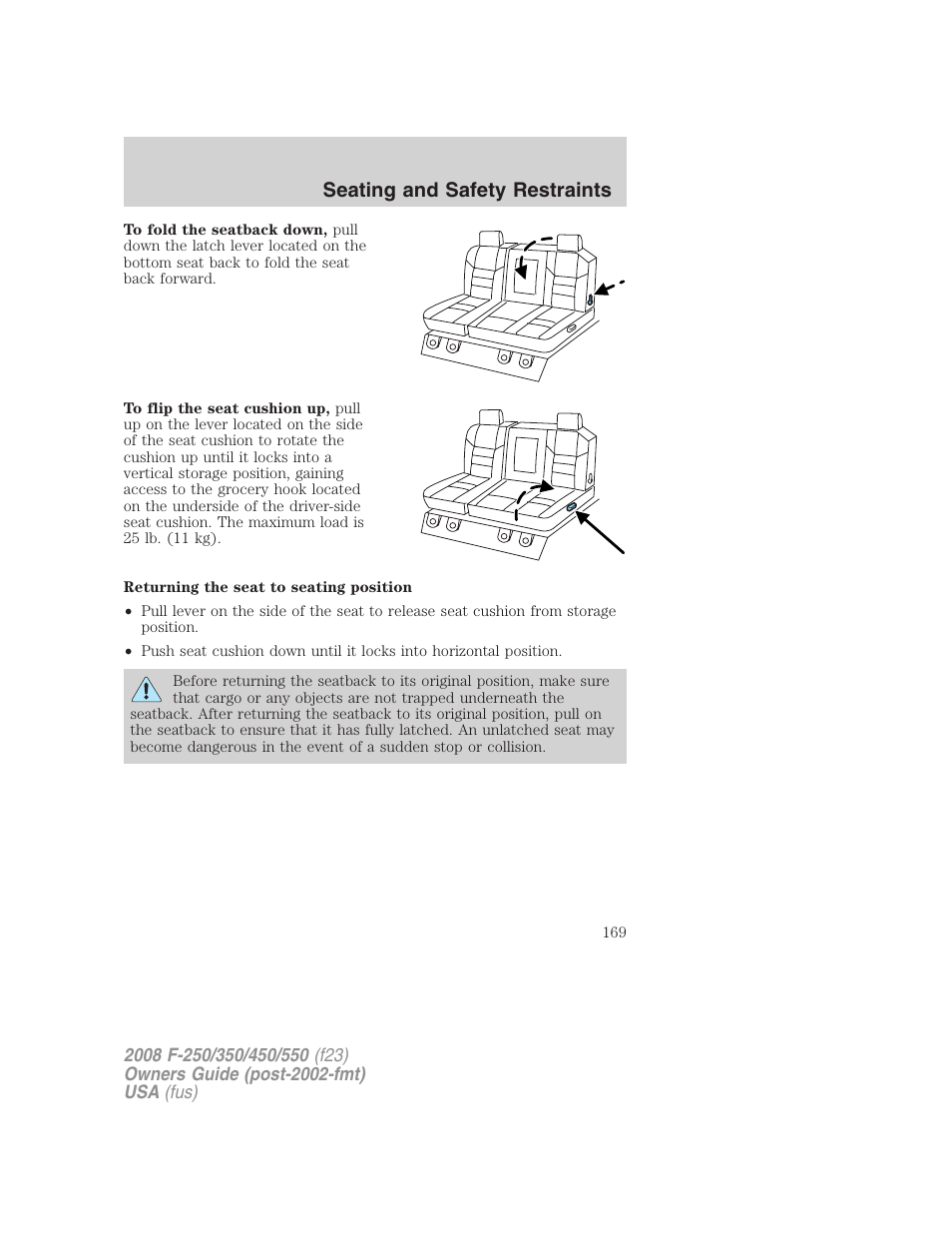 Seating and safety restraints | FORD 2008 F-550 v.4 User Manual | Page 169 / 400
