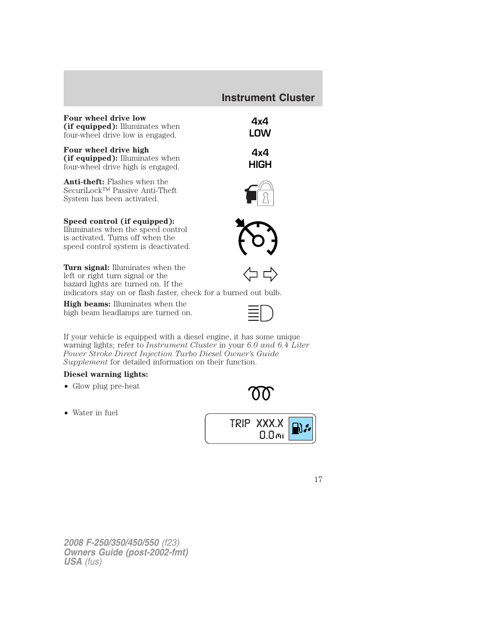 Instrument cluster | FORD 2008 F-550 v.4 User Manual | Page 17 / 400