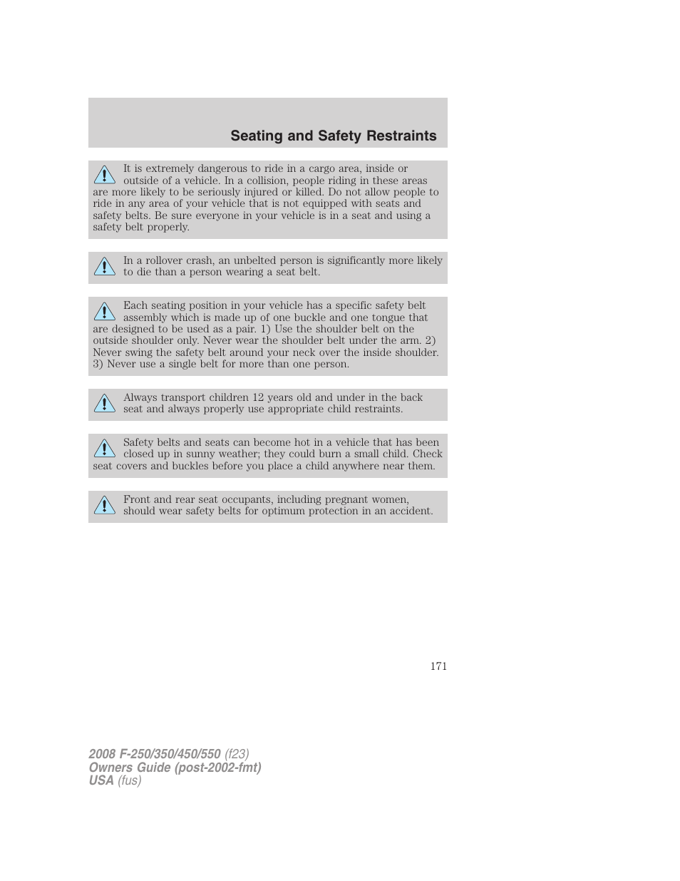 Seating and safety restraints | FORD 2008 F-550 v.4 User Manual | Page 171 / 400