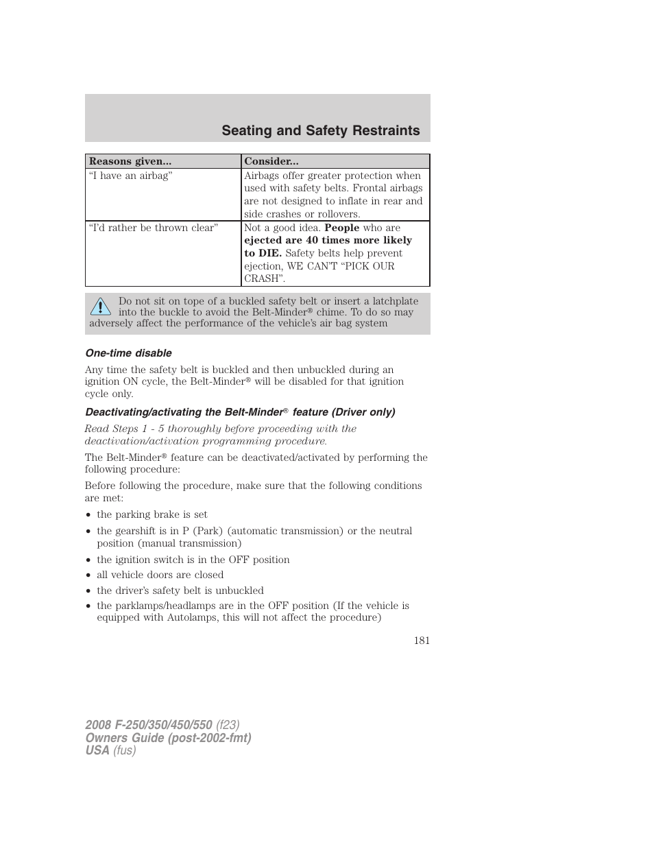 One-time disable, Seating and safety restraints | FORD 2008 F-550 v.4 User Manual | Page 181 / 400