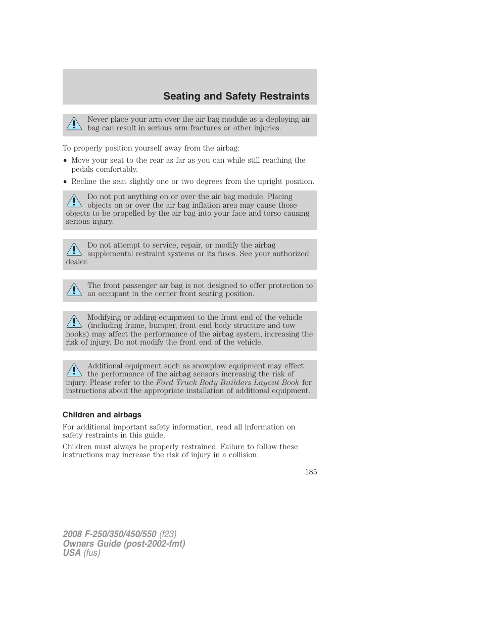 Children and airbags, Seating and safety restraints | FORD 2008 F-550 v.4 User Manual | Page 185 / 400