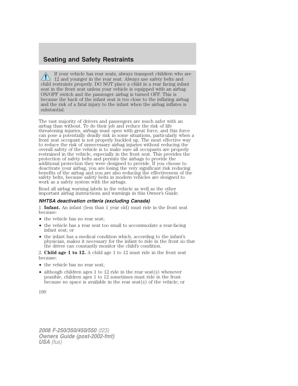 Nhtsa deactivation criteria (excluding canada), Seating and safety restraints | FORD 2008 F-550 v.4 User Manual | Page 190 / 400