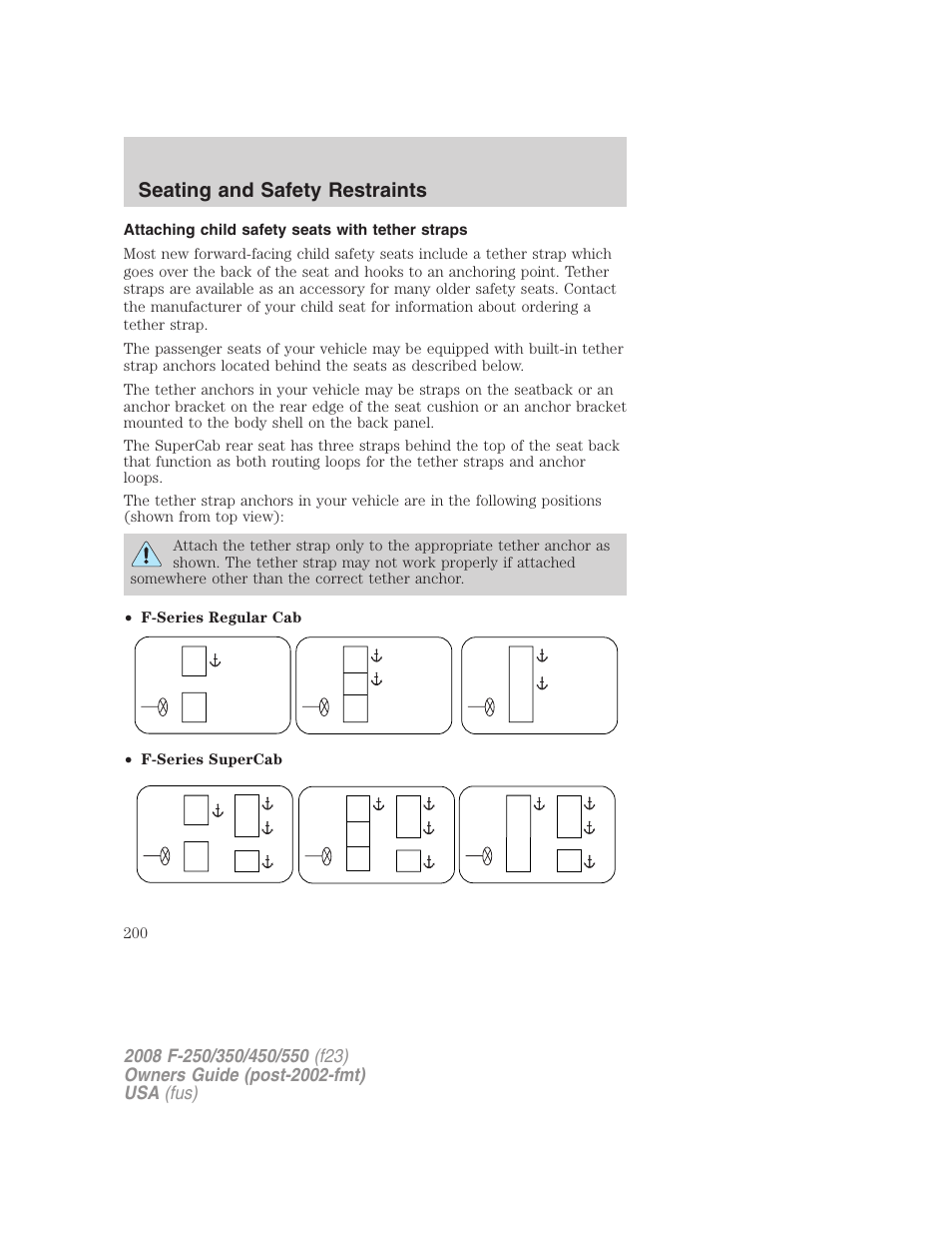 Attaching child safety seats with tether straps, Seating and safety restraints | FORD 2008 F-550 v.4 User Manual | Page 200 / 400