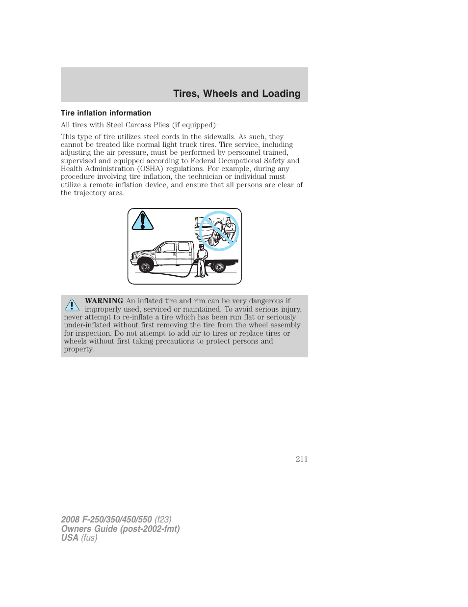 Tire inflation information, Tires, wheels and loading | FORD 2008 F-550 v.4 User Manual | Page 211 / 400