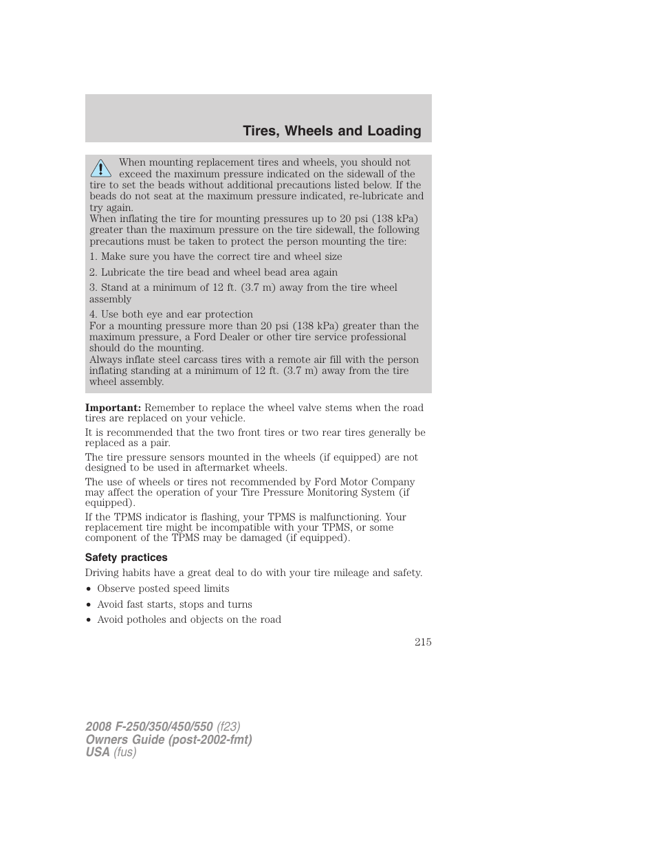 Safety practices, Tires, wheels and loading | FORD 2008 F-550 v.4 User Manual | Page 215 / 400