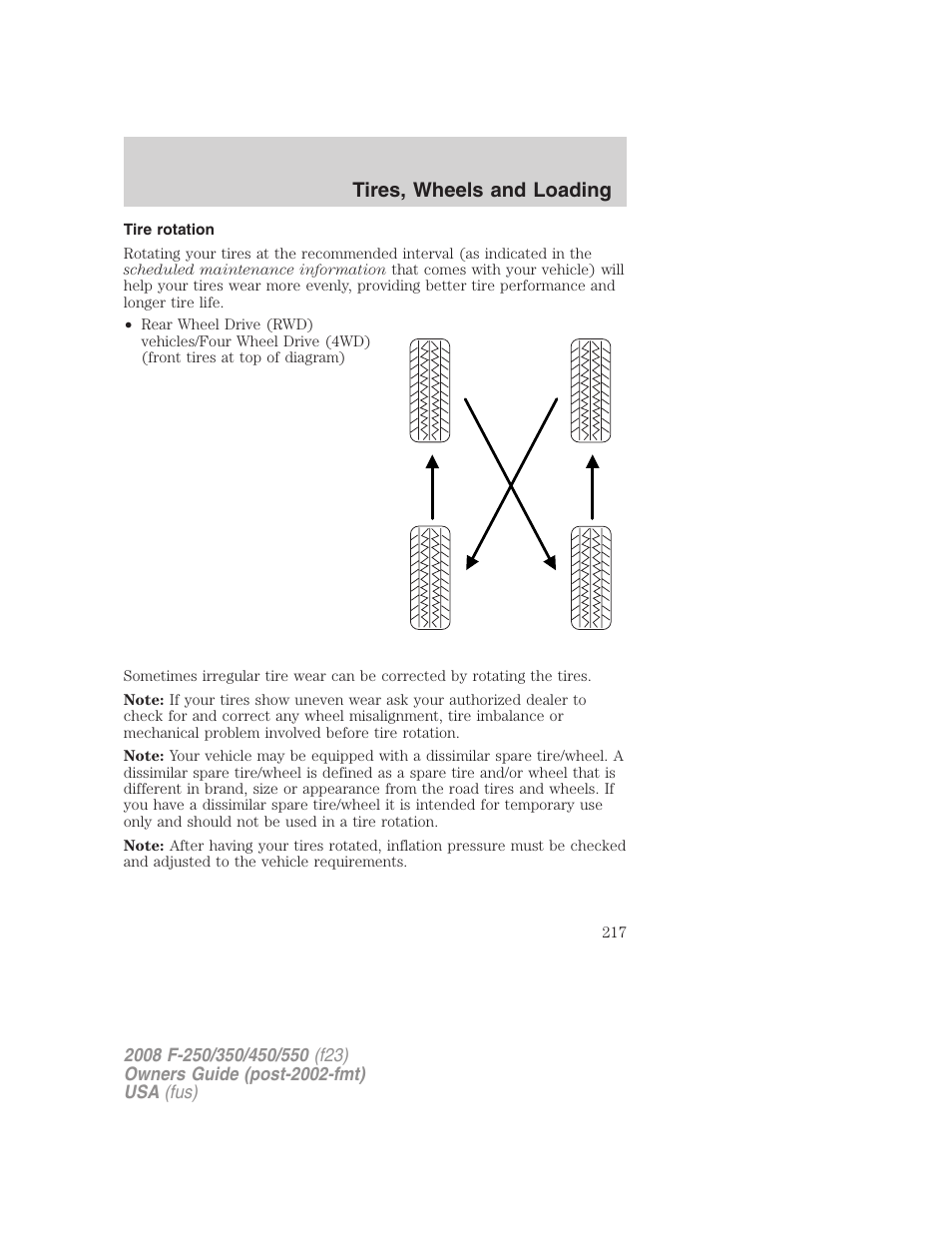 Tire rotation, Tires, wheels and loading | FORD 2008 F-550 v.4 User Manual | Page 217 / 400