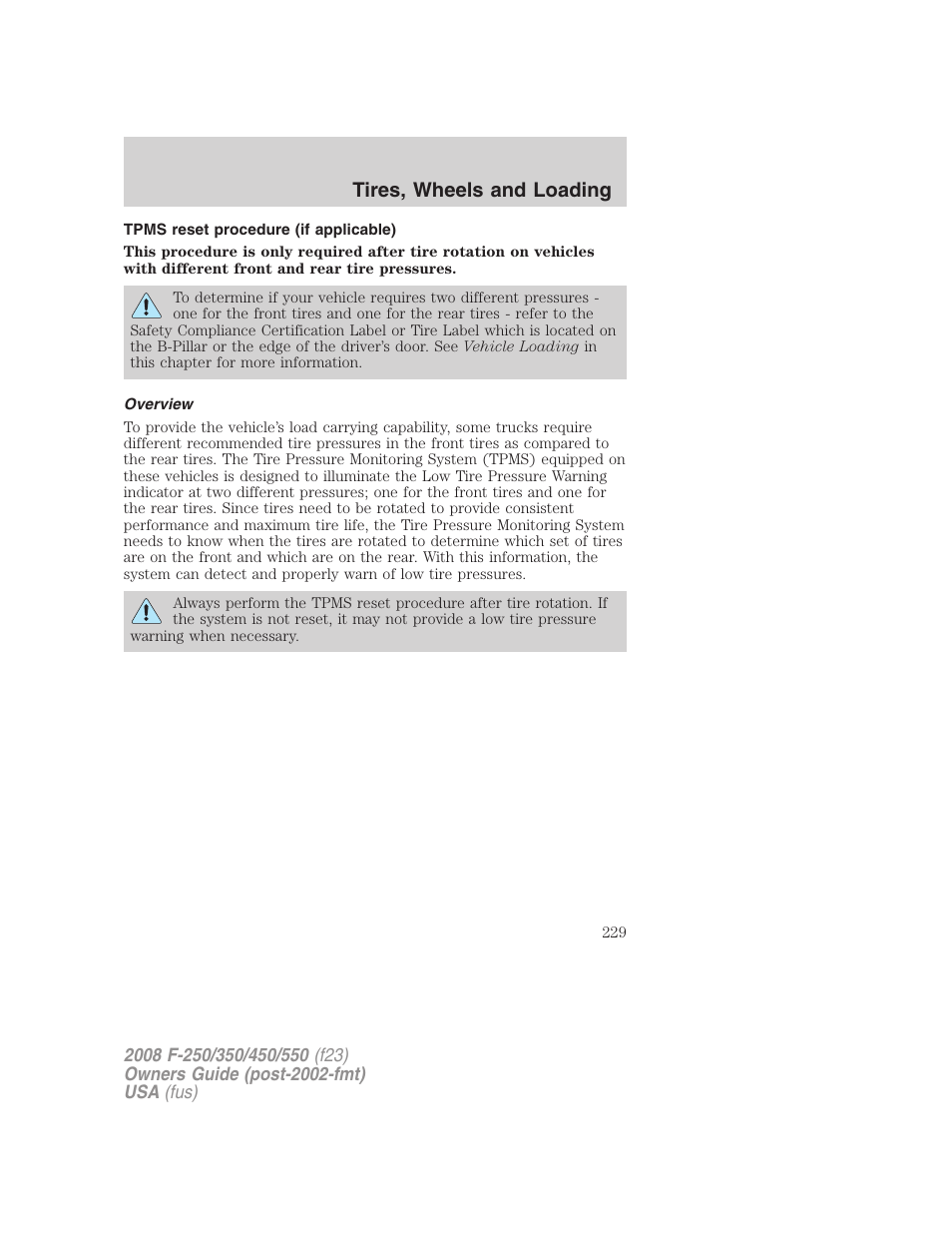 Tpms reset procedure (if applicable), Overview, Tires, wheels and loading | FORD 2008 F-550 v.4 User Manual | Page 229 / 400