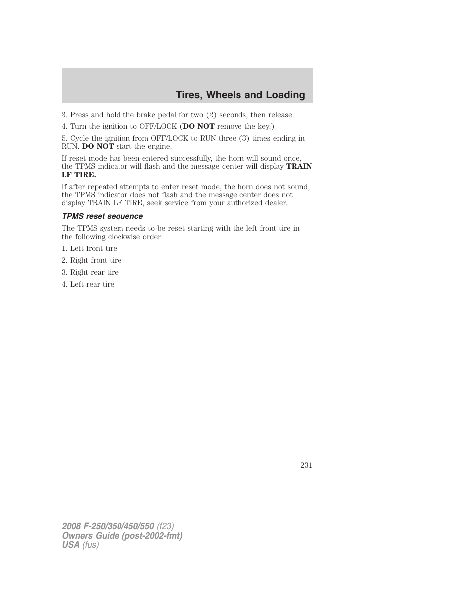 Tpms reset sequence, Tires, wheels and loading | FORD 2008 F-550 v.4 User Manual | Page 231 / 400