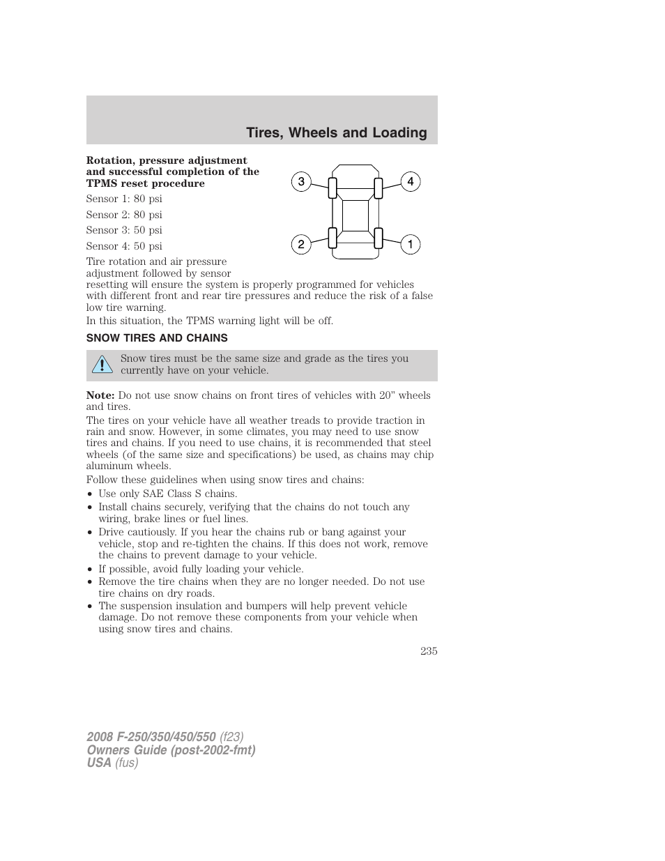 Snow tires and chains, Tires, wheels and loading | FORD 2008 F-550 v.4 User Manual | Page 235 / 400